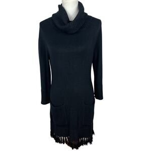 Soft Surroundings Black Fringe Cowl Neck Midi Sweater Dress Size XS